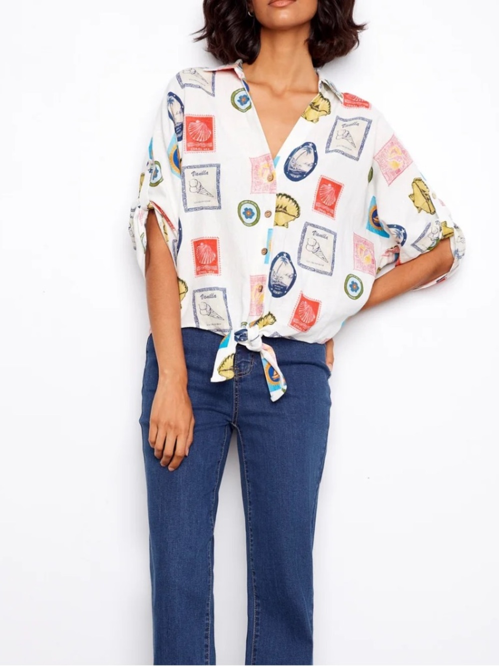 Charlie B collection postcard linen button down sz S NWT